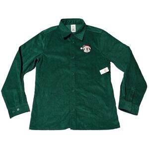 DISNEY PARKS MICKEY MOUSE CHIRSTMAS SANTA HAT Men Small Green Corduroy Shirt NEW
